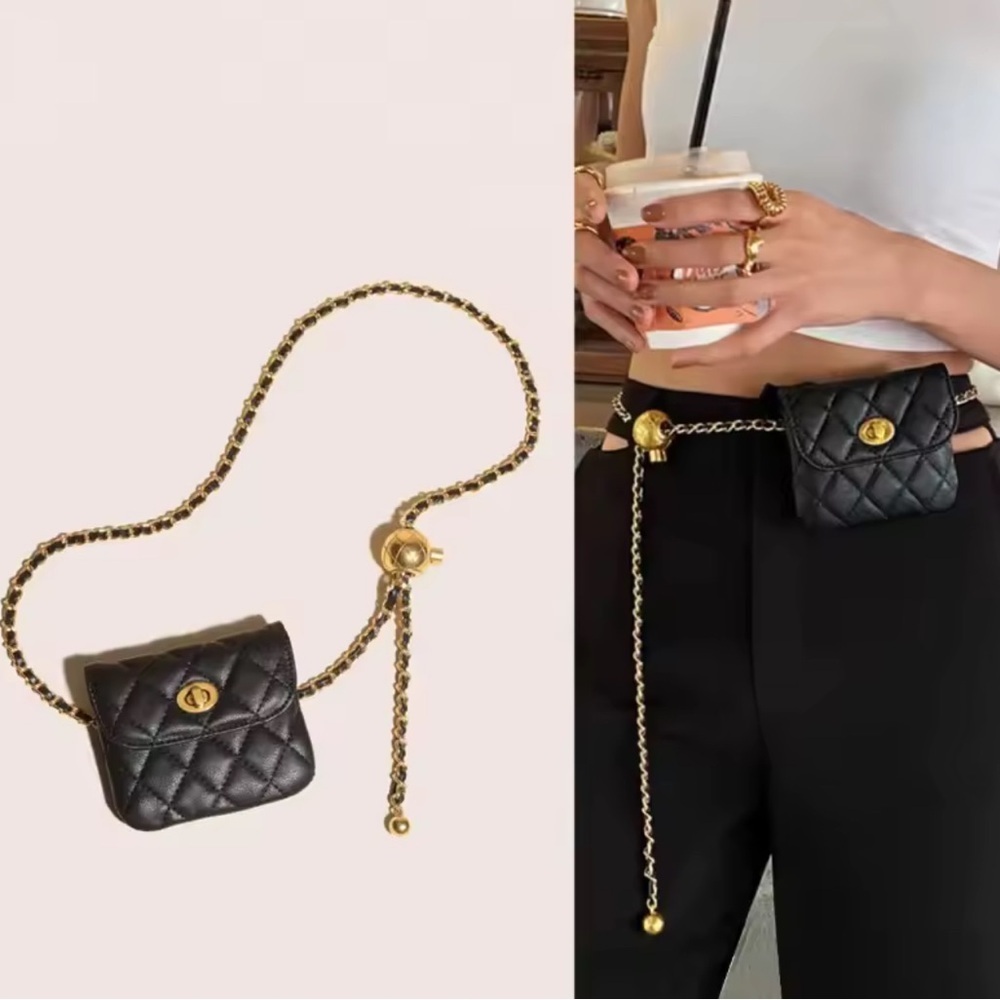 Black Quilted Chain Belt Bag - Picture 3 of 12